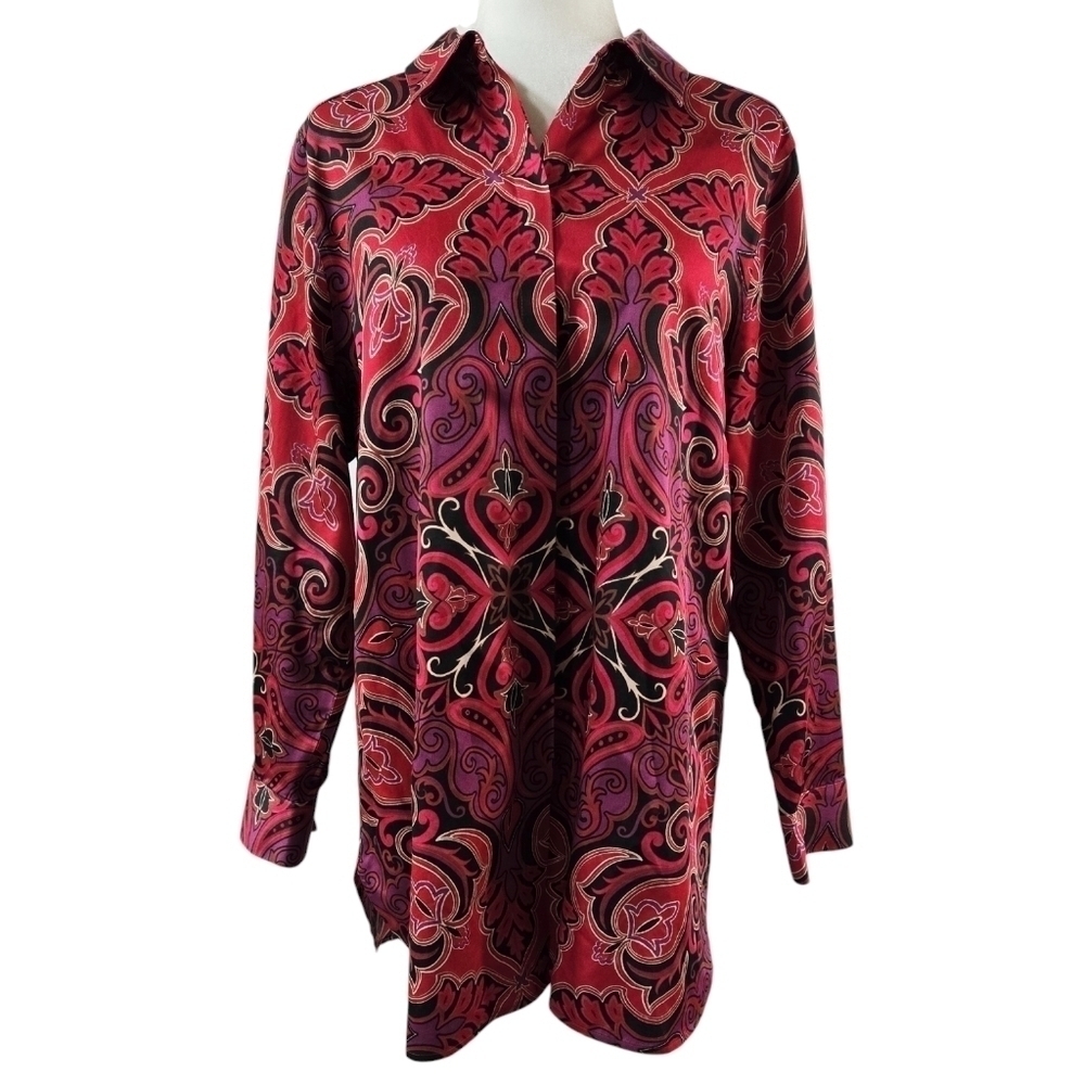 Chico's No Iron Red Paisley Button-Up Tunic 100% Cotton Boho Business Casual